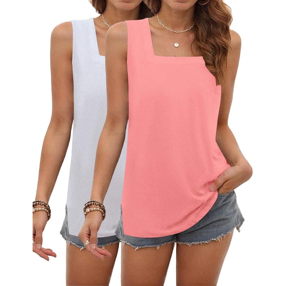 imagezeagoo Tank Tops for Women 2026 Summer Square Neck Loose Fit Side Split Casual Flowy Sleeveless Shirts SXXLBlackpink