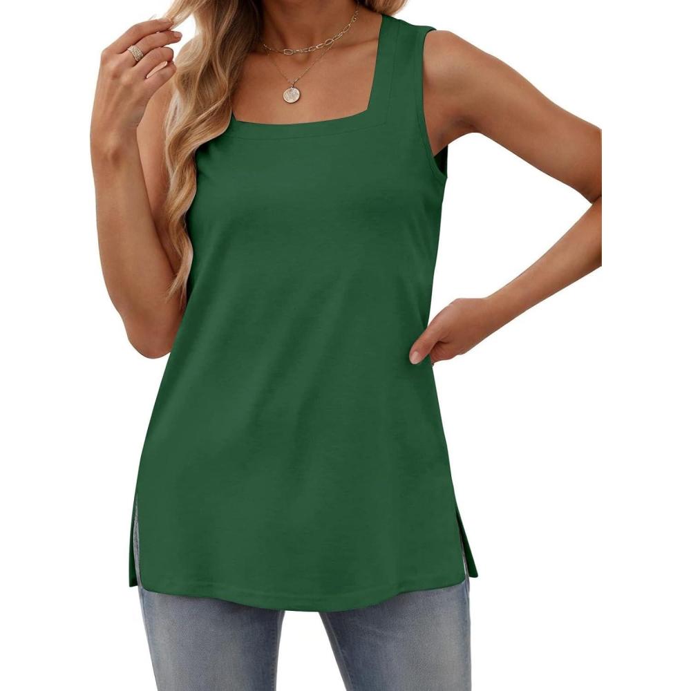imagezeagoo Tank Tops for Women 2026 Summer Square Neck Loose Fit Side Split Casual Flowy Sleeveless Shirts SXXLDark Green