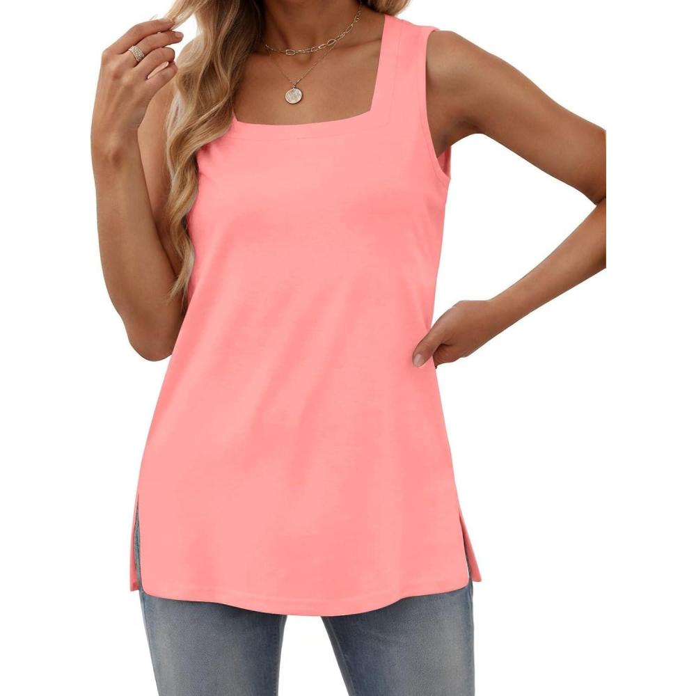 imagezeagoo Tank Tops for Women 2026 Summer Square Neck Loose Fit Side Split Casual Flowy Sleeveless Shirts SXXLFlesh Pink