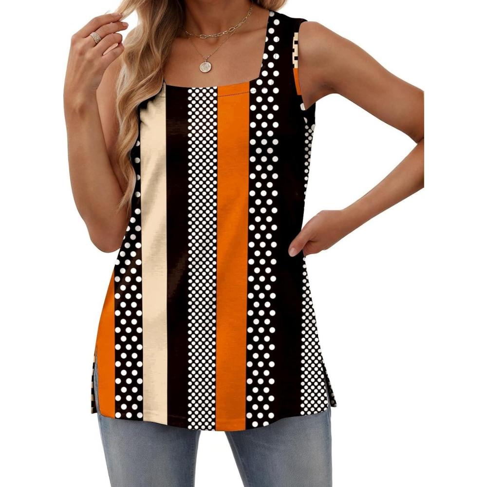 imagezeagoo Tank Tops for Women 2026 Summer Square Neck Loose Fit Side Split Casual Flowy Sleeveless Shirts SXXLOrange Black Stripe