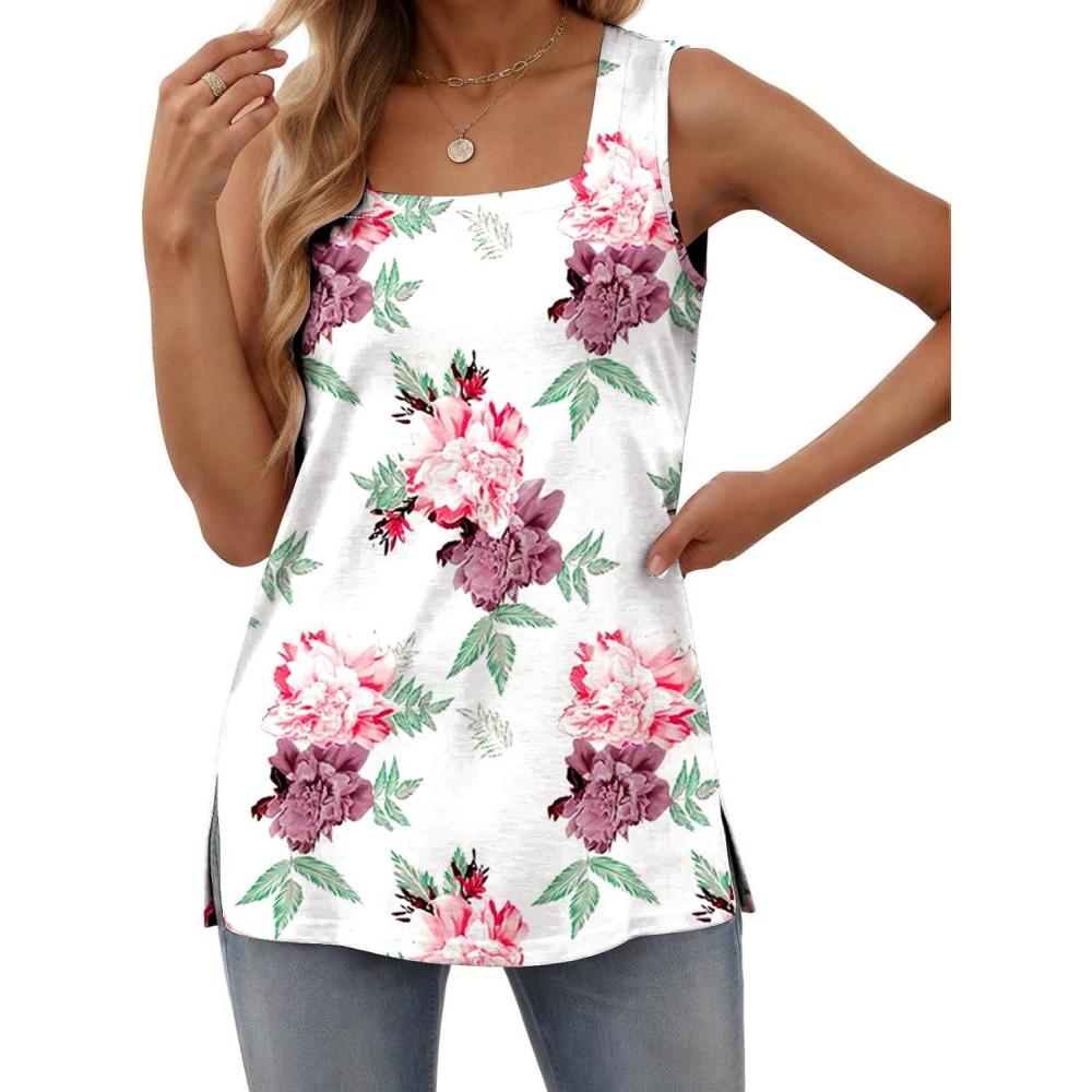 imagezeagoo Tank Tops for Women 2026 Summer Square Neck Loose Fit Side Split Casual Flowy Sleeveless Shirts SXXLPink Flower