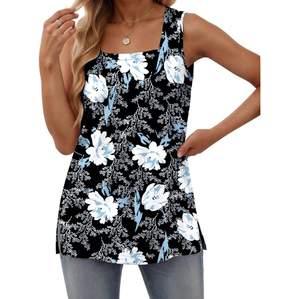 imagezeagoo Tank Tops for Women 2026 Summer Square Neck Loose Fit Side Split Casual Flowy Sleeveless Shirts SXXLWhite Flower