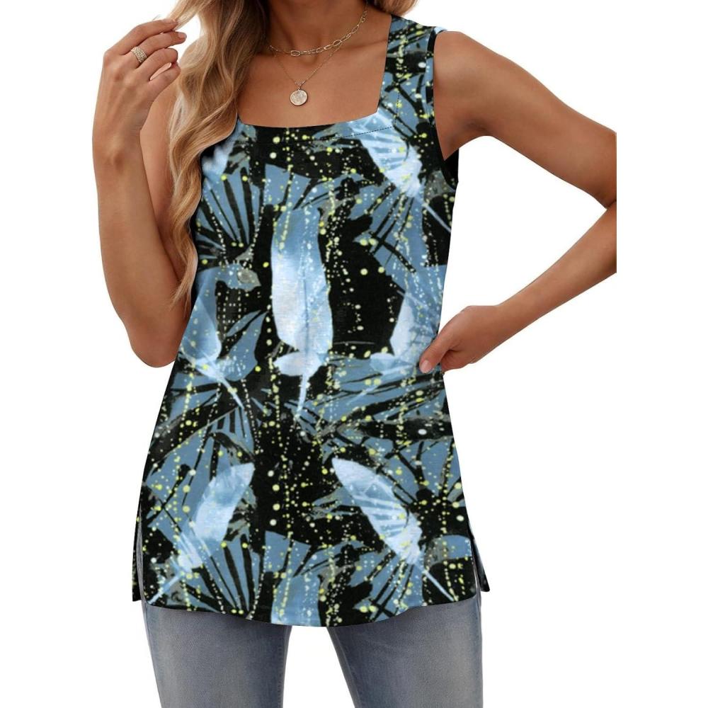 imagezeagoo Tank Tops for Women 2026 Summer Square Neck Loose Fit Side Split Casual Flowy Sleeveless Shirts SXXLWhite Leaf