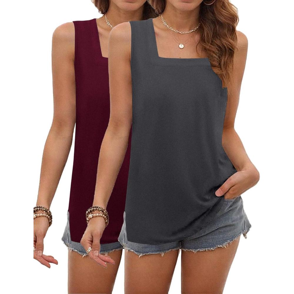 imagezeagoo Tank Tops for Women 2026 Summer Square Neck Loose Fit Side Split Casual Flowy Sleeveless Shirts SXXLWine Redgray