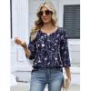 Zeagoo 3/4 Length Sleeve Womens Tops Dressy Casual 2026 V Neck T Shirts Blouses Floral Summer Business Work Basic Tees(Navy Blue Flower)