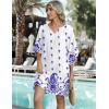 Zeagoo Womens Casual Summer Dress Boho Beach Dresses Tassel Tie Neck 2026 Floral Cover Up Spring 3/4 Sleeve Mini Sundress(White Blue)