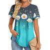 Zeagoo Womens Casual T Shirts for Summer 2025 Short Sleeve Crewneck Tunic Shirts Floral Print Tops Pleated Dressy Blouse(Daisy Print)