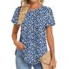 Zeagoo Womens Casual T Shirts for Summer 2025 Short Sleeve Crewneck Tunic Shirts Floral Print Tops Pleated Dressy Blouse(Mixed Blue Flower)