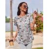 Zeagoo Womens Casual T Shirts for Summer 2025 Short Sleeve Crewneck Tunic Shirts Floral Print Tops Pleated Dressy Blouse(Mixed Grey Flower)