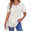Zeagoo Womens Casual T Shirts for Summer 2025 Short Sleeve Crewneck Tunic Shirts Floral Print Tops Pleated Dressy Blouse(Mixed White Flower)
