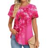Zeagoo Womens Casual T Shirts for Summer 2025 Short Sleeve Crewneck Tunic Shirts Floral Print Tops Pleated Dressy Blouse(Red Floral)
