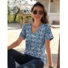 Zeagoo Womens Short Sleeve Shirts for Summer Casual V-Neck Blouse Shirts 2025 Dressy Tops with Pleats(Blue Floral-02)