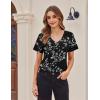 Zeagoo Womens Short Sleeve Shirts for Summer Casual V-Neck Blouse Shirts 2025 Dressy Tops with Pleats(Flower-10)