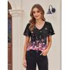 Zeagoo Womens Short Sleeve Shirts for Summer Casual V-Neck Blouse Shirts 2025 Dressy Tops with Pleats(Flower-11)