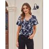 Zeagoo Womens Short Sleeve Shirts for Summer Casual V-Neck Blouse Shirts 2025 Dressy Tops with Pleats(Flower-4)