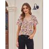 Zeagoo Womens Short Sleeve Shirts for Summer Casual V-Neck Blouse Shirts 2025 Dressy Tops with Pleats(Flower-5)