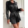 Zeagoo Women’s Stain Long Sleeve Dress Button Down Shirts Tunic Dresses Casual V-Neck Mini Dress with Belt(01-black)