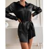 Zeagoo Women’s Stain Long Sleeve Dress Button Down Shirts Tunic Dresses Casual V-Neck Mini Dress with Belt(01-black)