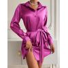 Zeagoo Women’s Stain Long Sleeve Dress Button Down Shirts Tunic Dresses Casual V-Neck Mini Dress with Belt(01-hot Pink)