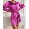 Zeagoo Women’s Stain Long Sleeve Dress Button Down Shirts Tunic Dresses Casual V-Neck Mini Dress with Belt(01-hot Pink)