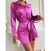 Zeagoo Women’s Stain Long Sleeve Dress Button Down Shirts Tunic Dresses Casual V-Neck Mini Dress with Belt(01-hot Pink)