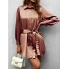 Zeagoo Women’s Stain Long Sleeve Dress Button Down Shirts Tunic Dresses Casual V-Neck Mini Dress with Belt(Bc)