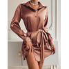 Zeagoo Women’s Stain Long Sleeve Dress Button Down Shirts Tunic Dresses Casual V-Neck Mini Dress with Belt(Brown)