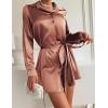 Zeagoo Women’s Stain Long Sleeve Dress Button Down Shirts Tunic Dresses Casual V-Neck Mini Dress with Belt(Brown)