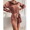 Zeagoo Women’s Stain Long Sleeve Dress Button Down Shirts Tunic Dresses Casual V-Neck Mini Dress with Belt(Brown)