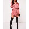 Zeagoo Women’s Stain Long Sleeve Dress Button Down Shirts Tunic Dresses Casual V-Neck Mini Dress with Belt(Deep Pink)