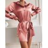 Zeagoo Women’s Stain Long Sleeve Dress Button Down Shirts Tunic Dresses Casual V-Neck Mini Dress with Belt(Deep Pink)