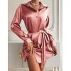 Zeagoo Women’s Stain Long Sleeve Dress Button Down Shirts Tunic Dresses Casual V-Neck Mini Dress with Belt(Deep Pink)