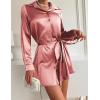 Zeagoo Women’s Stain Long Sleeve Dress Button Down Shirts Tunic Dresses Casual V-Neck Mini Dress with Belt(Deep Pink)