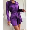 Zeagoo Women’s Stain Long Sleeve Dress Button Down Shirts Tunic Dresses Casual V-Neck Mini Dress with Belt(Deep Purple)