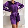 Zeagoo Women’s Stain Long Sleeve Dress Button Down Shirts Tunic Dresses Casual V-Neck Mini Dress with Belt(Deep Purple)