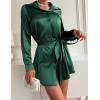 Zeagoo Women’s Stain Long Sleeve Dress Button Down Shirts Tunic Dresses Casual V-Neck Mini Dress with Belt(Green)