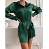 Zeagoo Women’s Stain Long Sleeve Dress Button Down Shirts Tunic Dresses Casual V-Neck Mini Dress with Belt(Green)