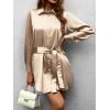 Zeagoo Women’s Stain Long Sleeve Dress Button Down Shirts Tunic Dresses Casual V-Neck Mini Dress with Belt(Khaki-2)