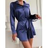 Zeagoo Women’s Stain Long Sleeve Dress Button Down Shirts Tunic Dresses Casual V-Neck Mini Dress with Belt(Navy Blue-02)