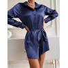 Zeagoo Women’s Stain Long Sleeve Dress Button Down Shirts Tunic Dresses Casual V-Neck Mini Dress with Belt(Navy Blue-02)