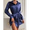 Zeagoo Women’s Stain Long Sleeve Dress Button Down Shirts Tunic Dresses Casual V-Neck Mini Dress with Belt(Navy Blue-02)