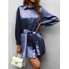 Zeagoo Women’s Stain Long Sleeve Dress Button Down Shirts Tunic Dresses Casual V-Neck Mini Dress with Belt(Navy Blue-02)