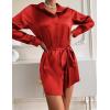 Zeagoo Women’s Stain Long Sleeve Dress Button Down Shirts Tunic Dresses Casual V-Neck Mini Dress with Belt(Red)