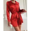 Zeagoo Women’s Stain Long Sleeve Dress Button Down Shirts Tunic Dresses Casual V-Neck Mini Dress with Belt(Red)