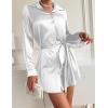Zeagoo Women’s Stain Long Sleeve Dress Button Down Shirts Tunic Dresses Casual V-Neck Mini Dress with Belt(White)