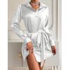 Zeagoo Women’s Stain Long Sleeve Dress Button Down Shirts Tunic Dresses Casual V-Neck Mini Dress with Belt(White)