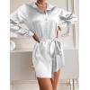 Zeagoo Women’s Stain Long Sleeve Dress Button Down Shirts Tunic Dresses Casual V-Neck Mini Dress with Belt(White)