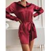 Zeagoo Women’s Stain Long Sleeve Dress Button Down Shirts Tunic Dresses Casual V-Neck Mini Dress with Belt(Wine Red)
