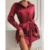 Zeagoo Women’s Stain Long Sleeve Dress Button Down Shirts Tunic Dresses Casual V-Neck Mini Dress with Belt(Wine Red)