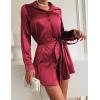Zeagoo Women’s Stain Long Sleeve Dress Button Down Shirts Tunic Dresses Casual V-Neck Mini Dress with Belt(Wine Red)